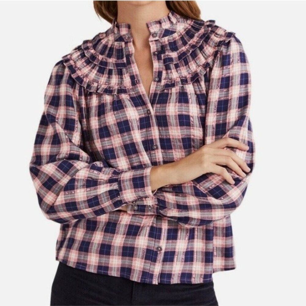 Boden Women Top Shirt UK 20 US 16 18 Pink blue Plaid Frilled High Neck T1065 NWT